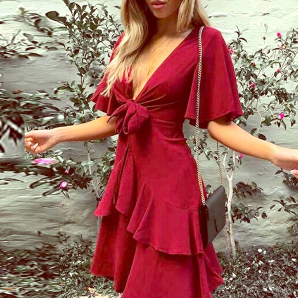 Front Knot Plunge Neck Layered Ruffles Red Dress